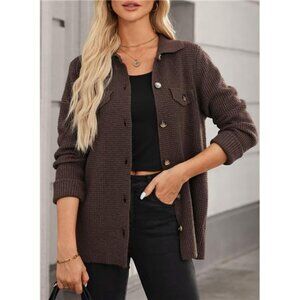 Waffle Knit Button Down Cardigan | Oversized Shacket Sweater Top
